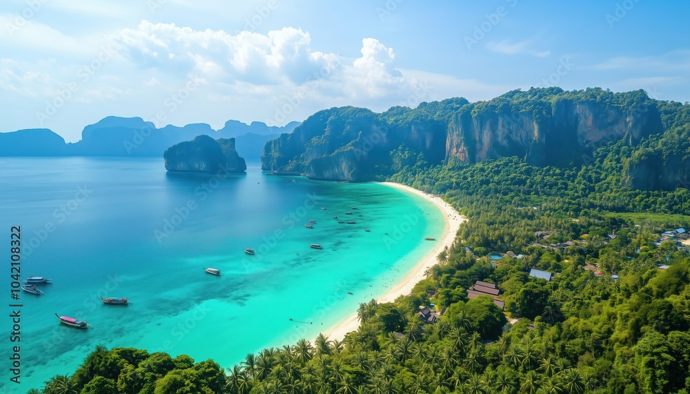 Obraz premium Breathtaking Aerial View Of Paradise Nui Beach: Turquoise Lagoon And White Coral Sand At Sunset On Koh Phi Phi Don Island, Krabi, Thailand