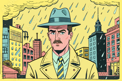 Retro-Styled Detective in Rainy City Scene Illustration