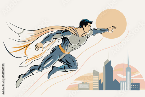 Dynamic Superhero Flying Over City Scene Illustration