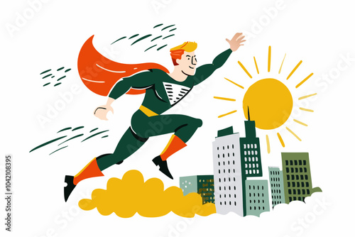 Superhero Flying Over Cityscape in Bright Daylight Illustration