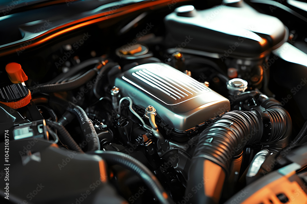 Closeup view of car engine in modern auto Closeup view of car engine in modern auto