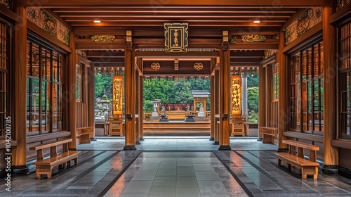 A serene interior of a Japanese Shinto shrine  with intricate wooden carvings and peaceful surroundings.