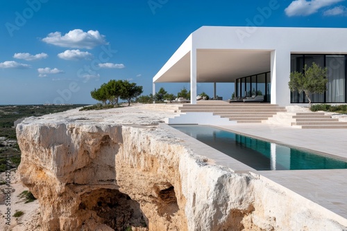 Futuristic Marfa Bay resort  with sleek  modern buildings perched on the cliffs  overlooking a digitally enhanced Mediterranean