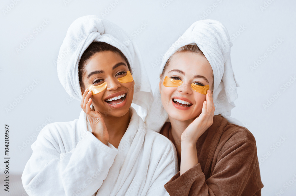 Joyful young multiracial women putting eye patches, having face care treatment at home Joyful young multiracial women putting eye patches, having face care treatment at home
