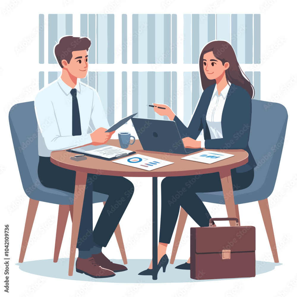 Partners meeting for business discussion with documents and laptop on desk. Couple at round table, speaking, discussing work, partnership. Flat vector illustration isolated on white background Partners meeting for business discussion with documents and laptop on desk. Couple at round table, speaking, discussing work, partnership. Flat vector illustration isolated on white background
