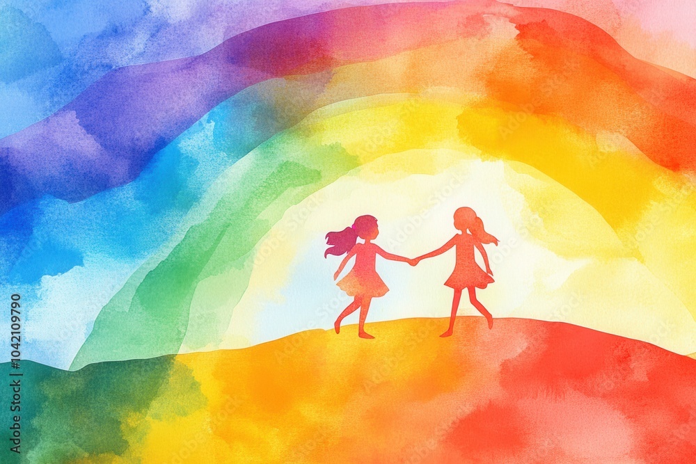 Fototapeta premium Watercolor painting of two girls holding hands on rainbow