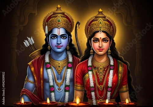 Hindu religious god Rama or Ram with goddess Sita for religious, story of Ramayana, Hindu festival Ram navmi, Dashehara