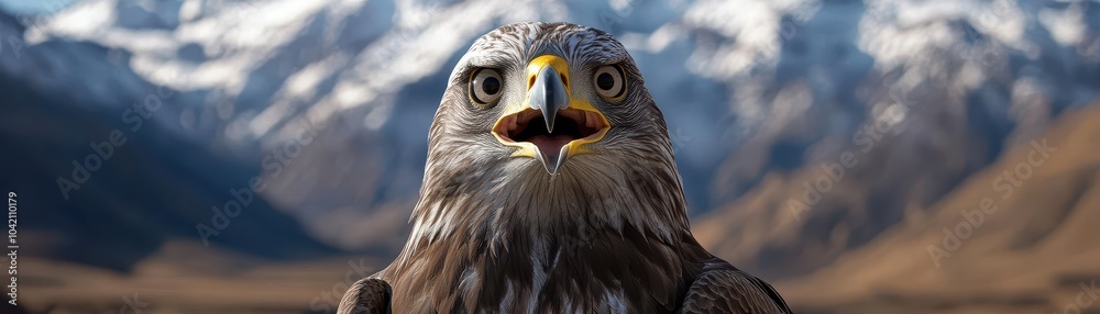 Fototapeta premium A majestic eagle stares intently at the viewer, set against a breathtaking mountainous landscape.