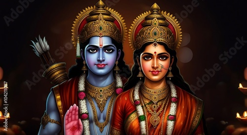 Hindu religious god Rama or Ram with goddess Sita for religious, story of Ramayana, Hindu festival Ram navmi, Dashehara