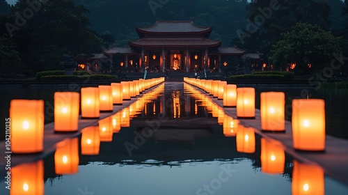 A glowing path lined with lanterns leading to a temple, reflections in water symbolizing the journey towards spiritual enlightenment Festival of lights, Spiritual Reflection photo