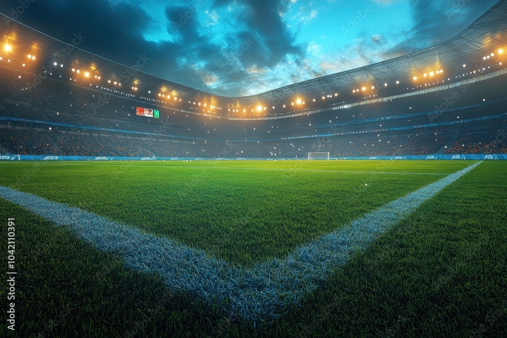 A vibrant soccer stadium under a dramatic sky during an evening match with bright lights