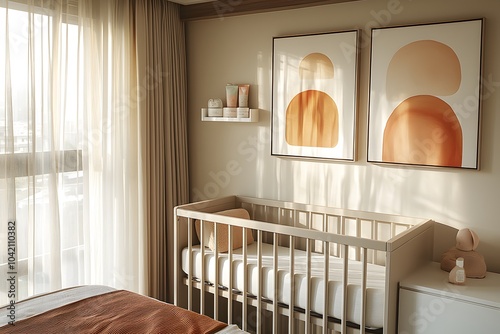 Minimalist nursery room with neutral tones and modern wall art