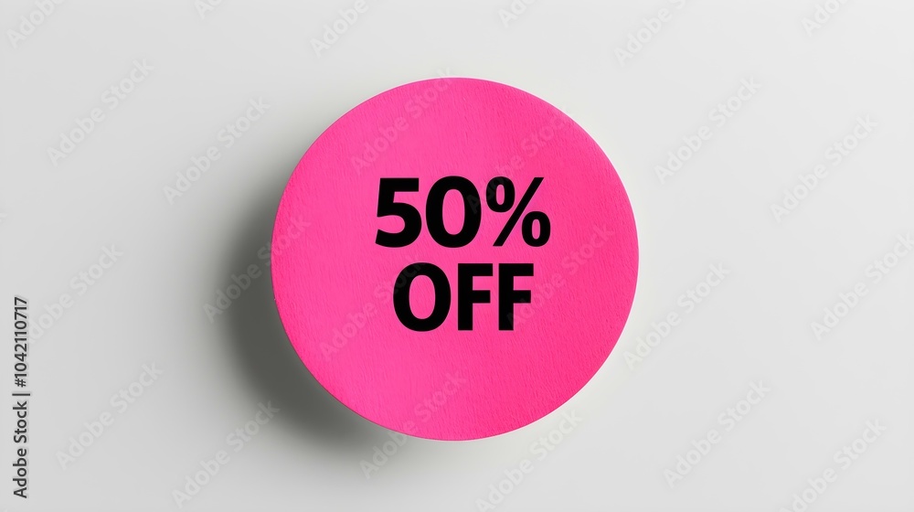 Black '50% OFF' Text on a Hot Pink Round Paper Note. White Background with Copy Space Black '50% OFF' Text on a Hot Pink Round Paper Note. White Background with Copy Space