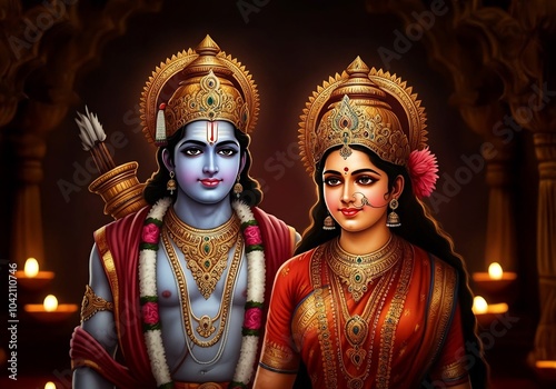 Hindu religious god Rama or Ram with goddess Sita for religious, story of Ramayana, Hindu festival Ram navmi, Dashehara