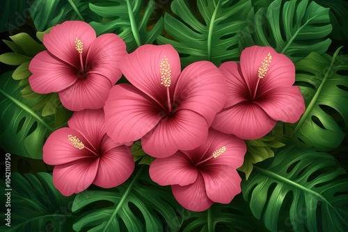Tropical hibiscus flowers with lush green foliage background