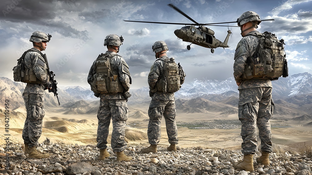 Fototapeta premium Soldiers in Tactical Gear in a Surreal Landscape