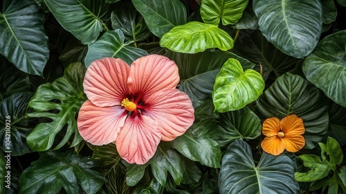 Colorful tropical hibiscus green foliage background