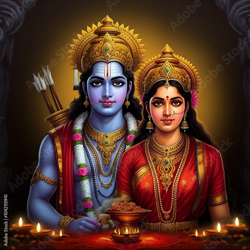 Hindu religious god Rama or Ram with goddess Sita for religious, story of Ramayana, Hindu festival Ram navmi, Dashehara