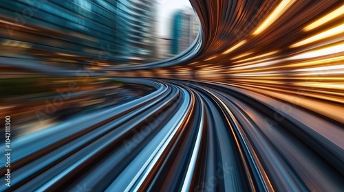 Dynamic motion of train tracks in a modern urban setting, showcasing speed and movement.