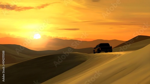 Truck Driving Through Desert at Sunset