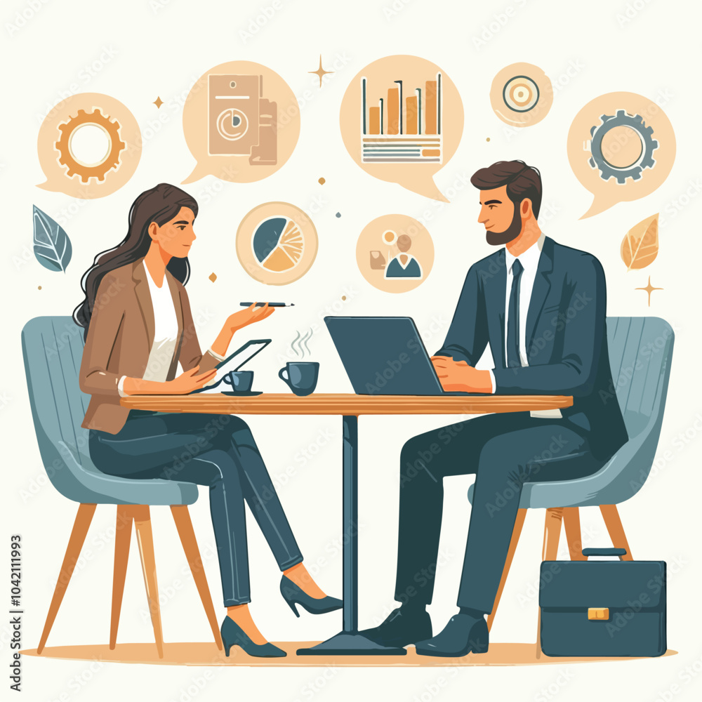 Partners meeting for business discussion with documents and laptop on desk. Couple at round table, speaking, discussing work, partnership. Flat vector illustration isolated on white background Partners meeting for business discussion with documents and laptop on desk. Couple at round table, speaking, discussing work, partnership. Flat vector illustration isolated on white background