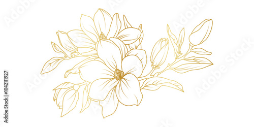 Golden magnolia flowers line art isolated on white background. Luxury magnolia floral design elements for invitation, wedding, wallpaper, print template, vector illustration