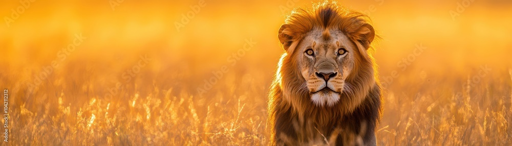 Fototapeta premium A majestic lion stands confidently in golden grass, bathed in warm sunlight, exuding power and grace in its natural habitat.