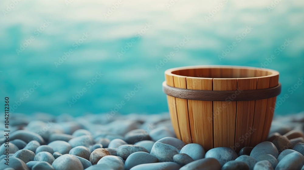Wooden bucket resting on smooth pebbles near a tranquil water surface. Wooden bucket resting on smooth pebbles near a tranquil water surface.