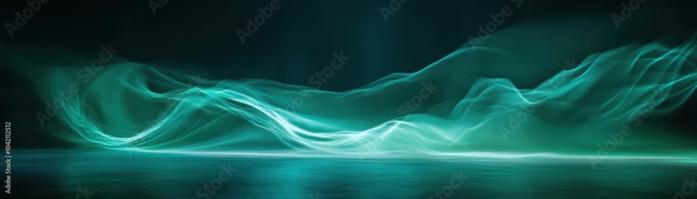 A mesmerizing wave of ethereal turquoise light dances across a dark background, creating a sense of fluidity and motion.