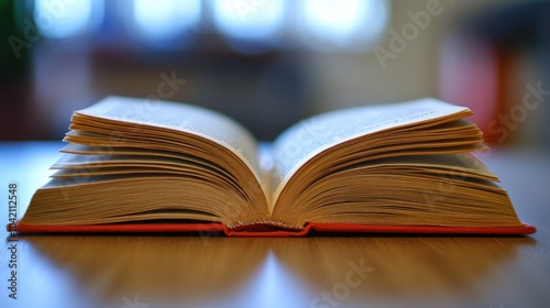 An open book resting on a table, showcasing its pages for reading or study.