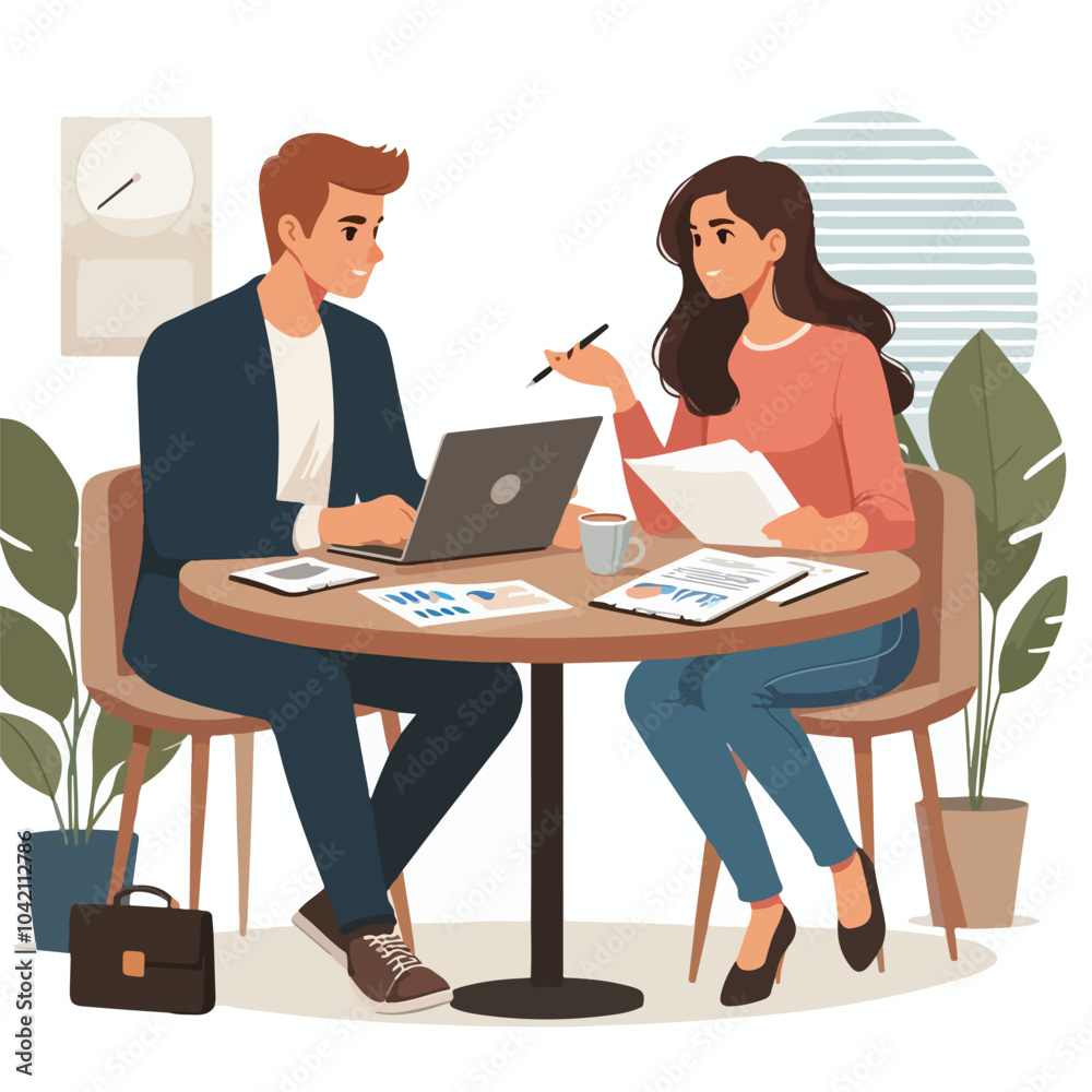 Partners meeting for business discussion with documents and laptop on desk. Couple at round table, speaking, discussing work, partnership. Flat vector illustration isolated on white background Partners meeting for business discussion with documents and laptop on desk. Couple at round table, speaking, discussing work, partnership. Flat vector illustration isolated on white background