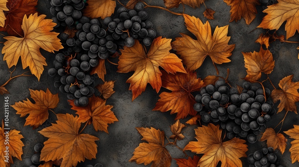 Fototapeta premium Autumn harvest of grapes falling leaves