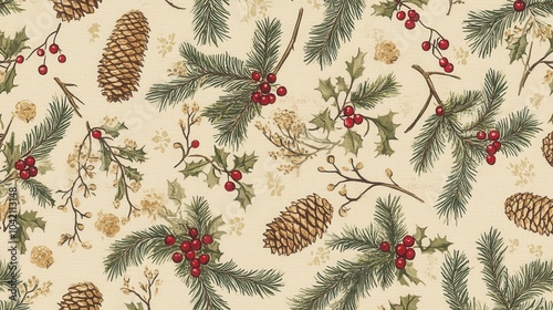 Festive christmas pattern with pinecones holly berries
