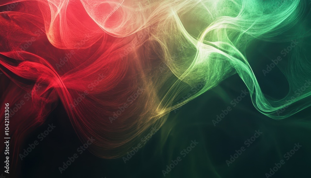 Fototapeta premium A vibrant swirl of red and green smoke against a dark background, creating an abstract, dynamic design.