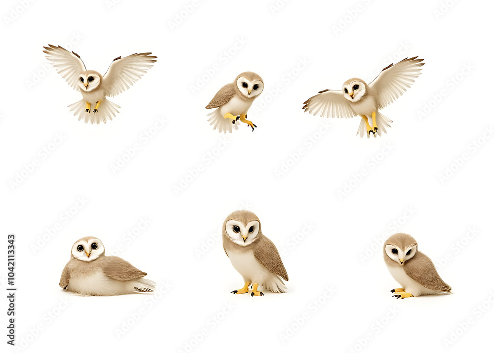 Obraz premium in various positions on a white background- one flying, one perched, one turning its head, one spreading wings, one resting, one looking around.