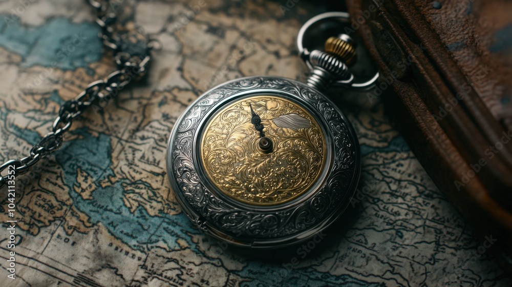 Fototapeta premium A silver and gold pocket watch with detailed engraving, resting on a weathered map