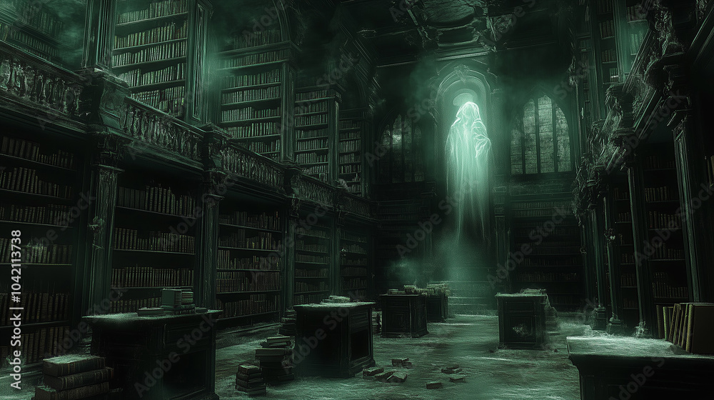 Obraz premium Haunting library with ghostly figure illuminated by moonlight in a dark, abandoned setting