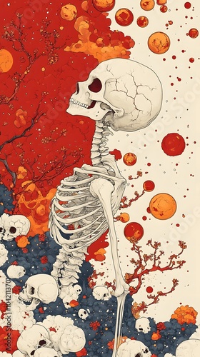 Surreal Skeleton Artwork with Colorful Background photo