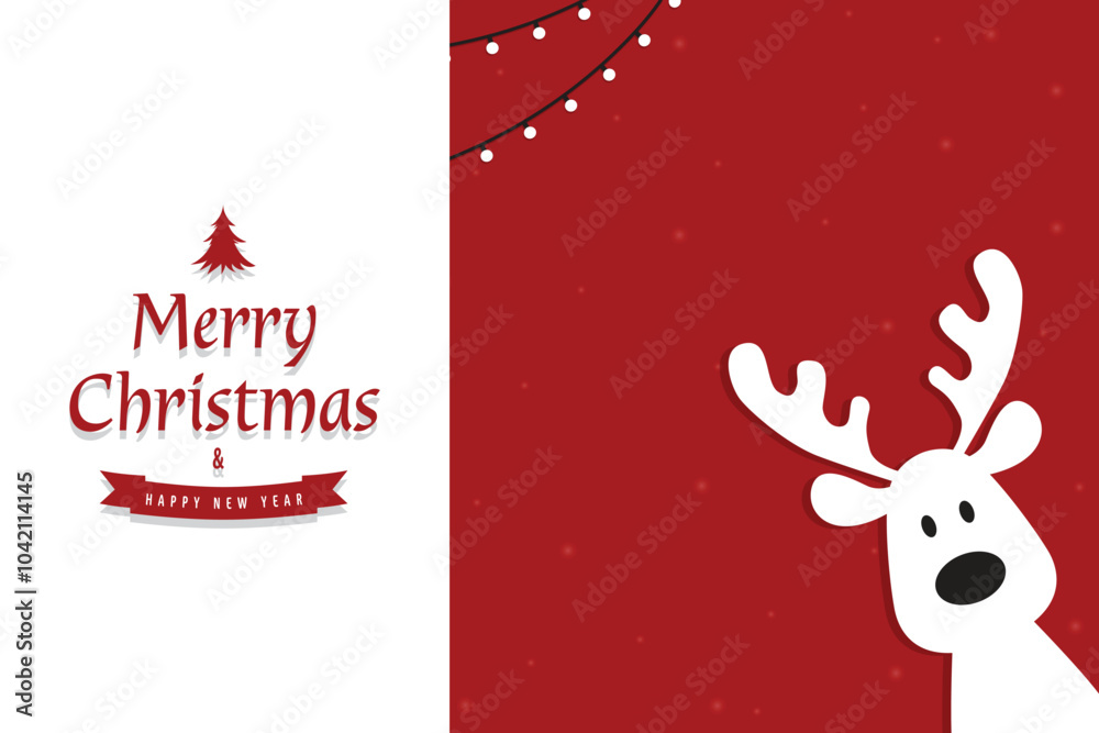 It's a cute Christmas reindeer on a red background. Christmas background, banner, or card. Merry Christmas text.