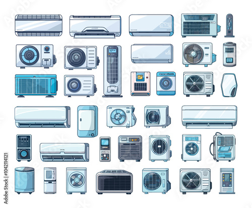 Air conditioners cartoon vector set. Industrial ventilation home fans conditioning heating cooling systems, single split climate control remote devices, isolated on white background