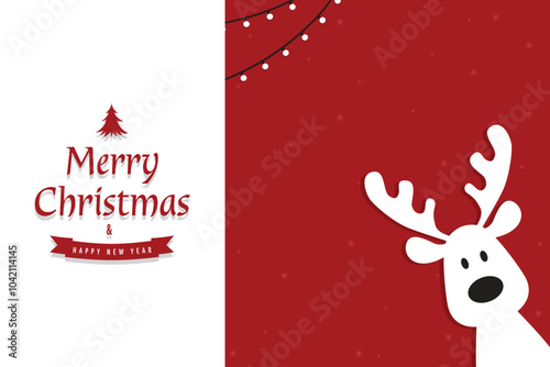 It's a cute Christmas reindeer on a red background. Christmas background, banner, or card. Merry Christmas text.