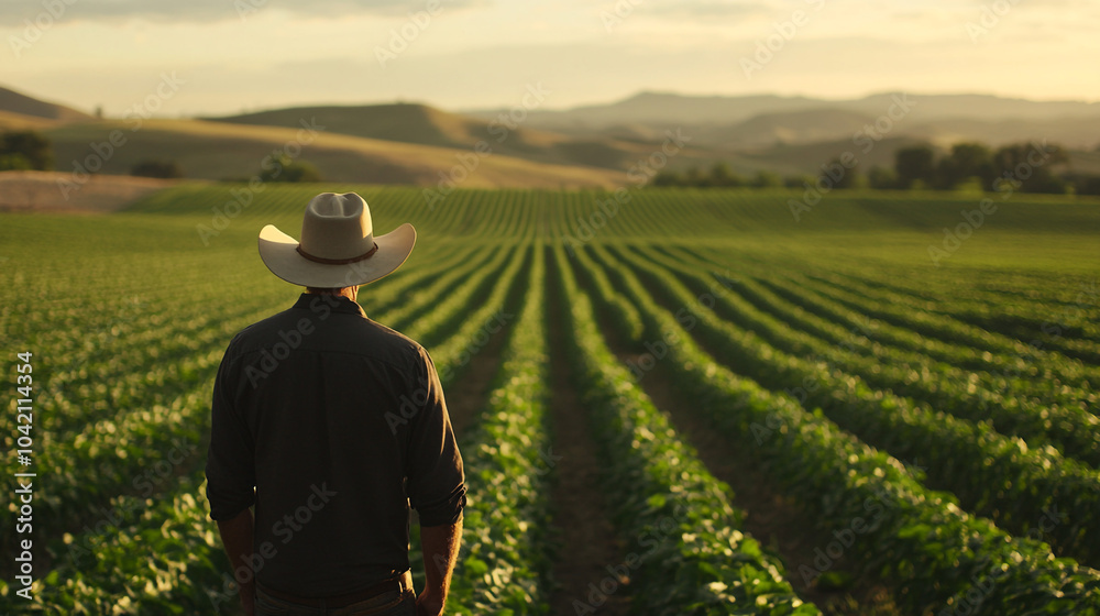 Farmer in Hat Standing in Field of Crops at Sunset Farmer in Hat Standing in Field of Crops at Sunset