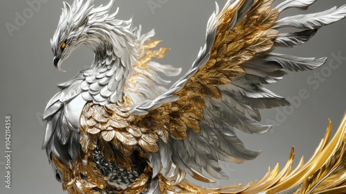 A silver and gold sculpture of a phoenix, detailed with intricate feathers and smooth, polished surfaces.