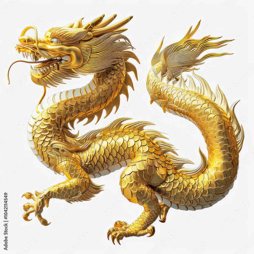 Fototapeta premium A majestic golden dragon with intricate scales and a fierce expression isolated on white background, symbolizing power and strength.