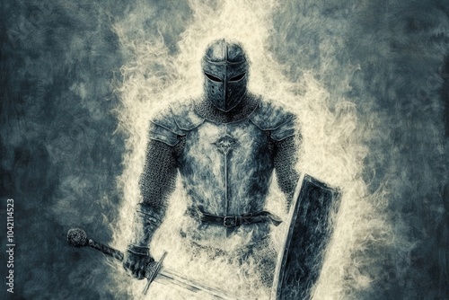 medieval knight in armor amidst mystical smoke on dark background