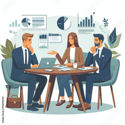 Partners meeting for business discussion with documents and laptop on desk. Couple at round table, speaking, discussing work, partnership. Flat vector illustration isolated on white background