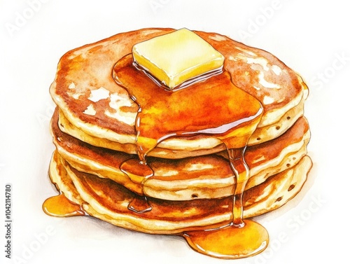 A stack of fluffy watercolor pancakes dripping with golden syrup, butter melting on top, painted in soft warm colors on a white background.