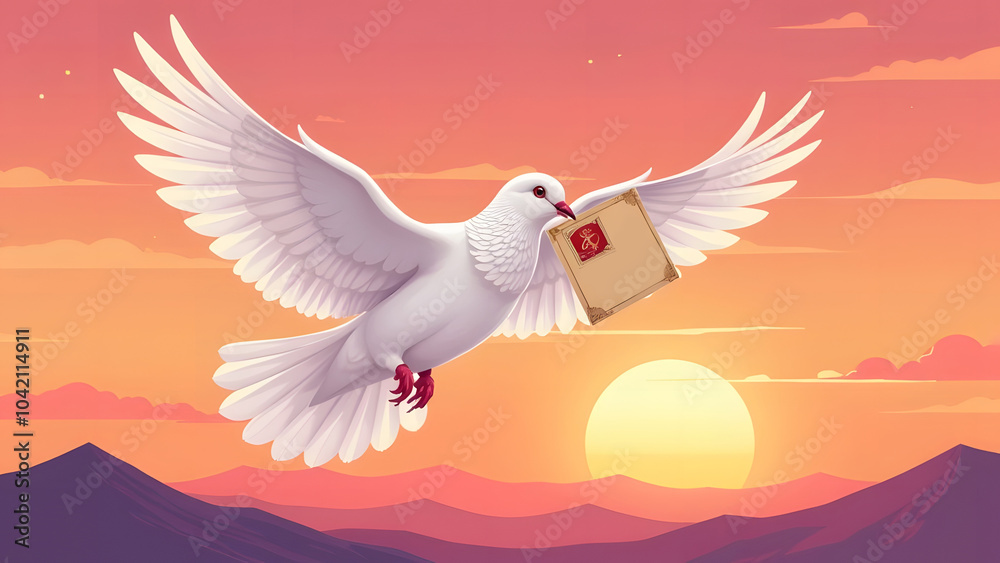 Obraz premium Greeting card with a white dove flying in the sky