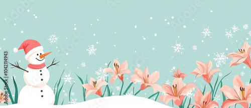 A cheerful snowman in a red hat stands in a snowy landscape adorned with pink flowers, with snowflakes gently falling against a light blue background.