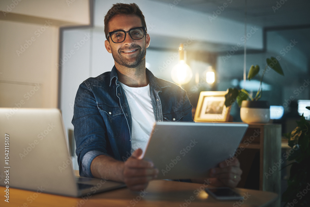 Portrait, night and business man on tablet for research project, online website and internet. Professional, office and person on digital tech working late for planning, networking and proposal report